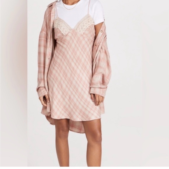 Free People Gracie Slip Dress in Pink Plaid with Oversized Button Up Shirt. XS - Picture 3 of 7
